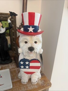 Patriotic White Dog Figurine with Red, White & Blue Top Hat
